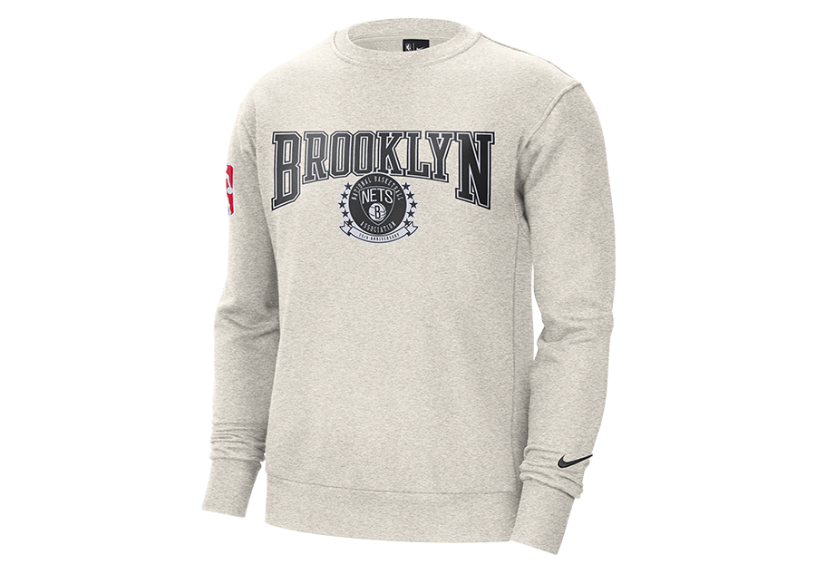 NIKE NBA BROOKLYN NETS FLEECE COURTSIDE 75 CREWNECK BIRCH HEATHER